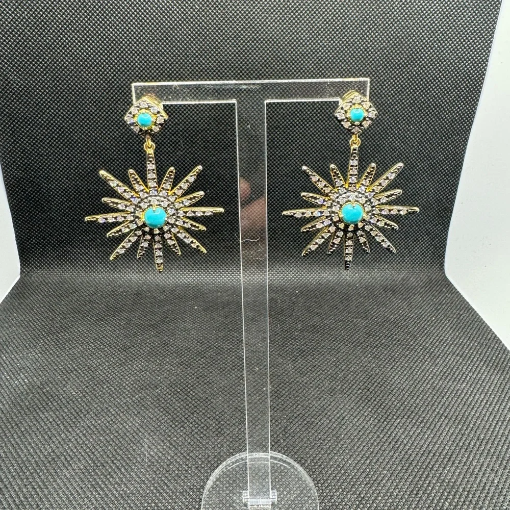 14K Yellow Gold Plated Turquoise & Swarovski Crystal Accented Starburst Earrings - Picture 4 of 5